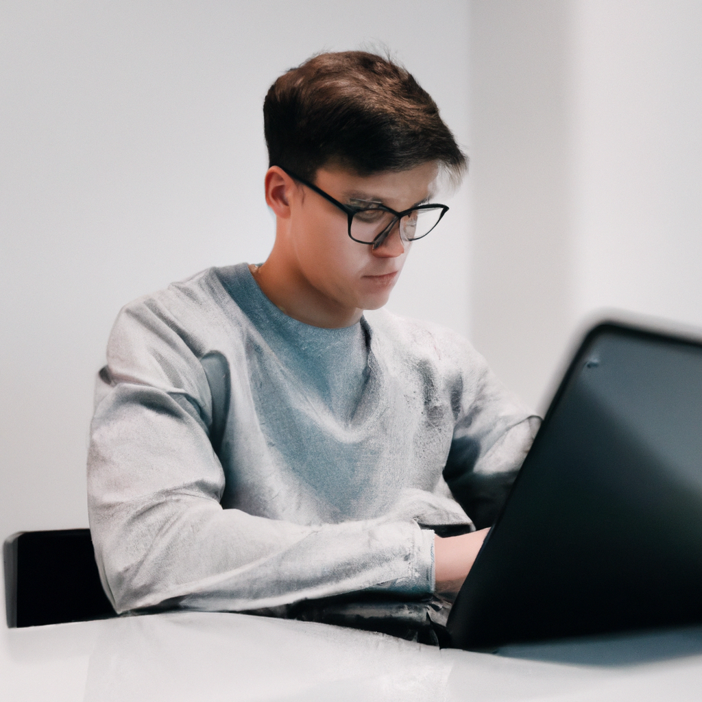 Retrato de alumno con MacBook en oficina minimalista