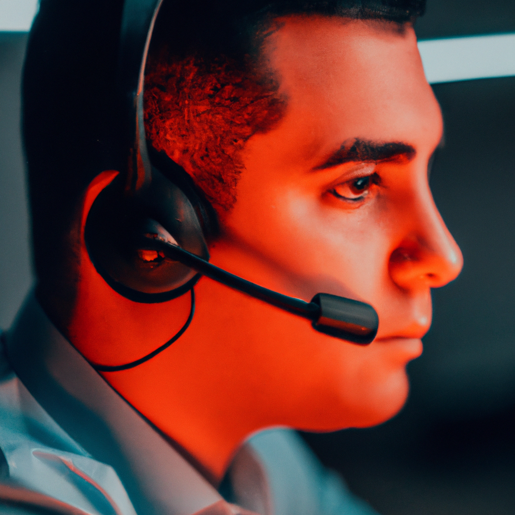 Agente de soporte español con auriculares en oficina moderna